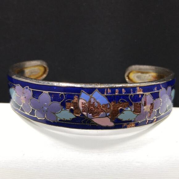 Vintage Blue Cloisonné Butterfly Floral Cuff Bracelet Enamel Copper 5 1/4" - Picture 2 of 7